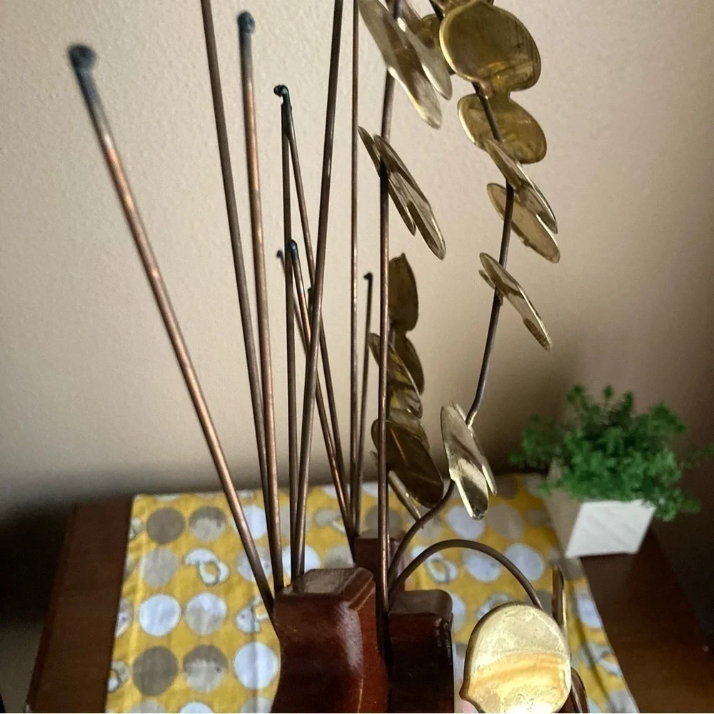 Vintage wood and brassy potted eucalyptus sculpture